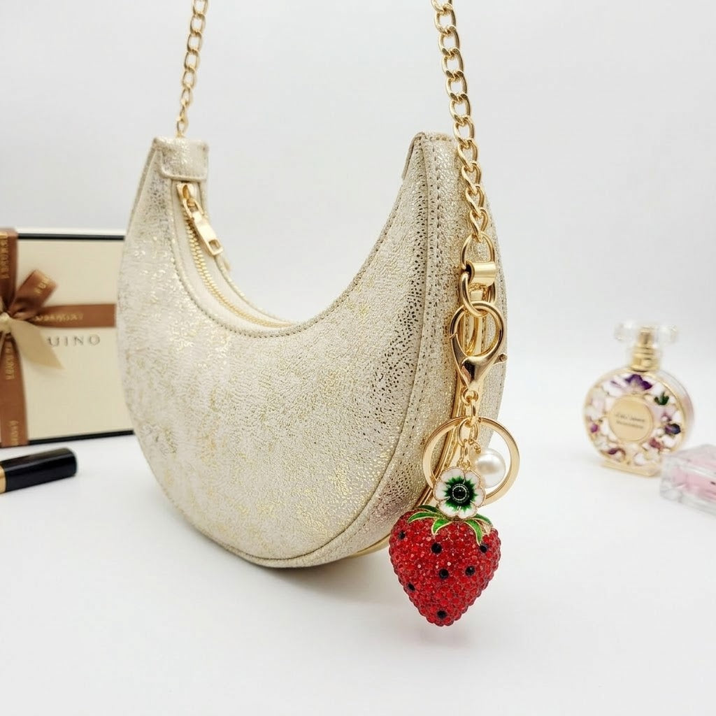 Crystal-embellished fruit charms.