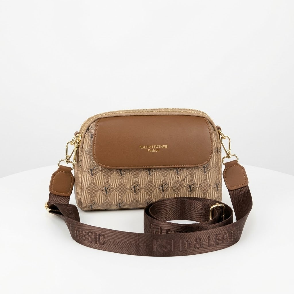 Triple Zip Canvas Crossbody Bag - Brown Diamond