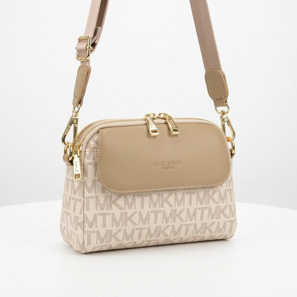 Triple Zip Canvas Crossbody Bag - Side View with Long Strap