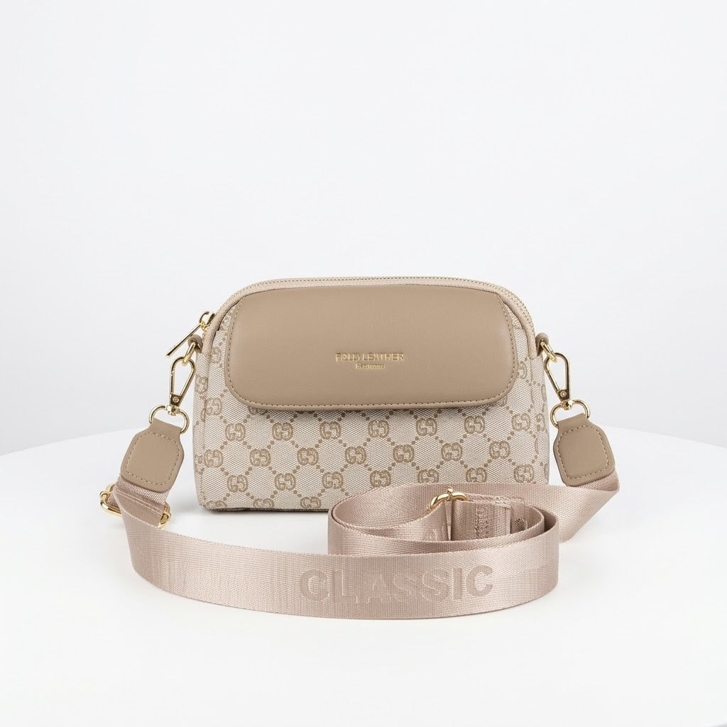 Triple Zip Canvas Crossbody Bag - Beige Ring Print