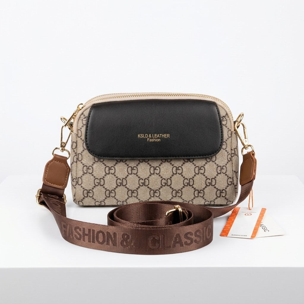 Triple Zip Canvas Crossbody Bag - Beige with Black Flap
