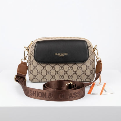 Triple Zip Canvas Crossbody Bag - Beige with Black Flap