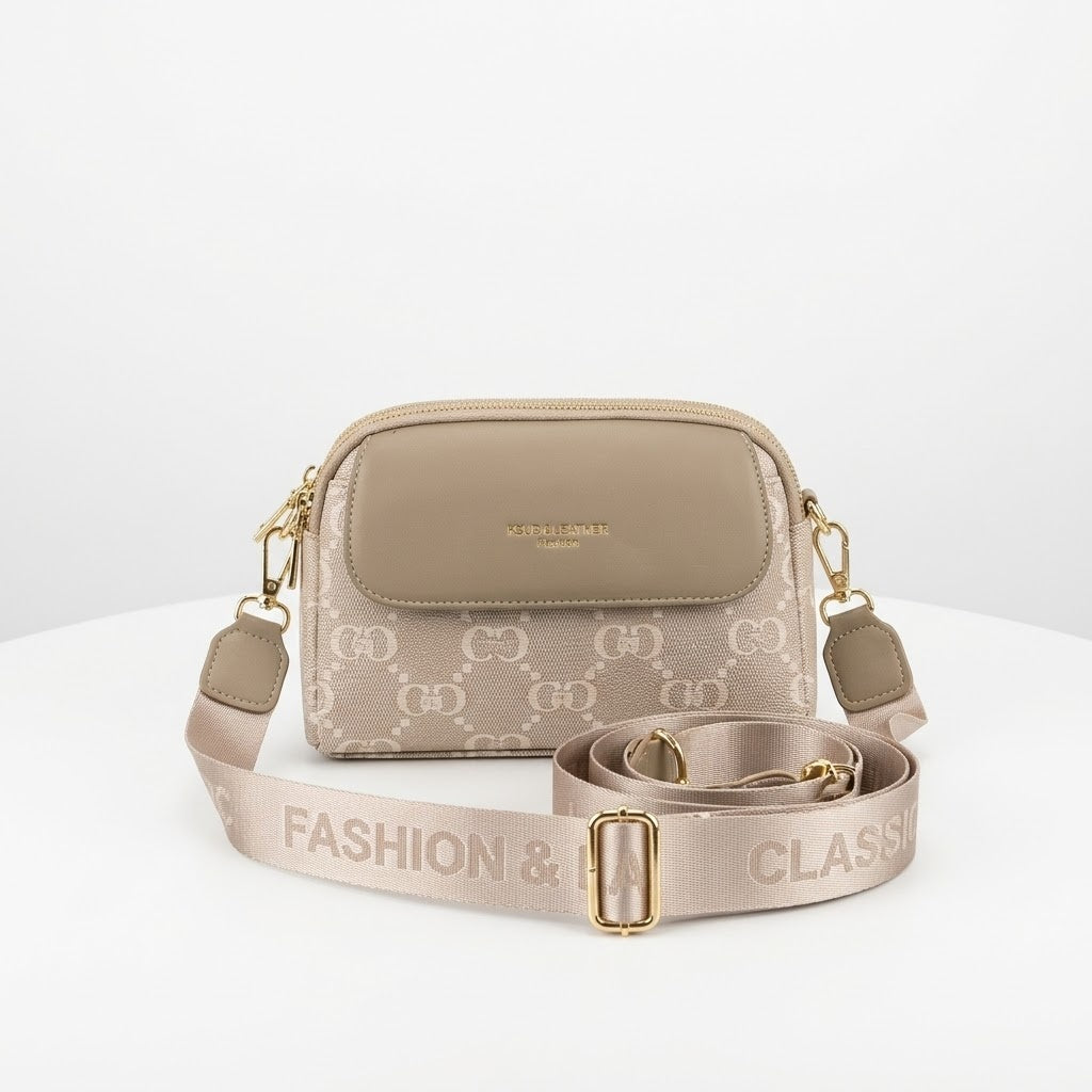Triple Zip Canvas Crossbody Bag - Champagne