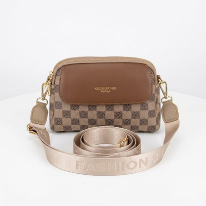 Triple Zip Canvas Crossbody Bag - Brown Checker