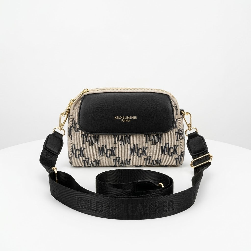 Triple Zip Canvas Crossbody Bag - Black Letter