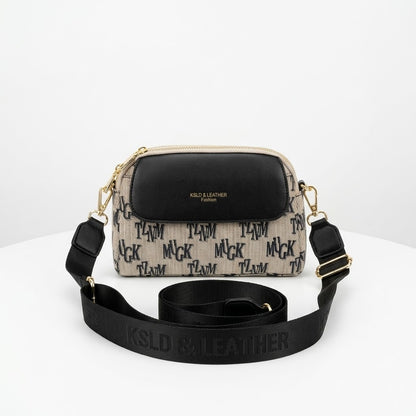 Triple Zip Canvas Crossbody Bag - Black Letter
