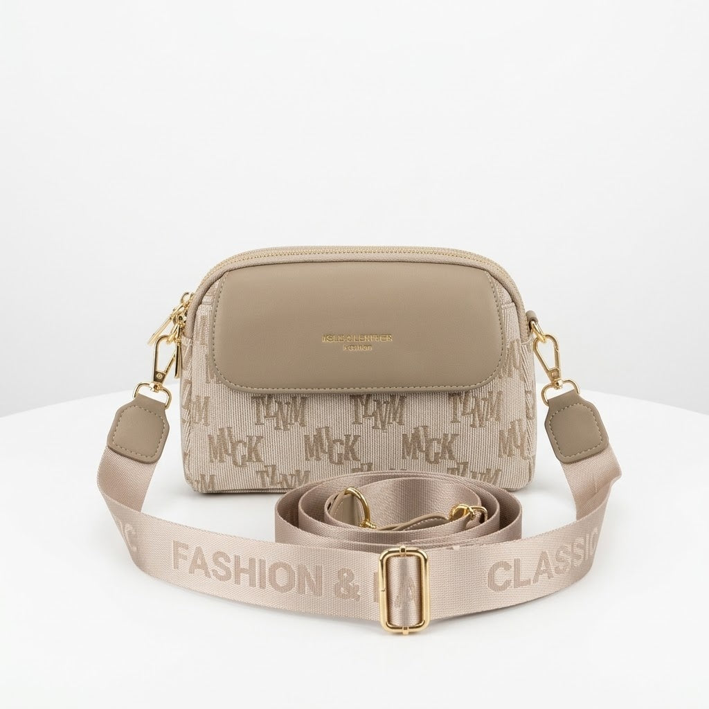 Triple Zip Canvas Crossbody Bag - Khaki Letter